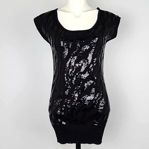 Le Chateau Black Sequin Mini Dress Capped Sleeves Viscose Knit Stretch Sz Medium